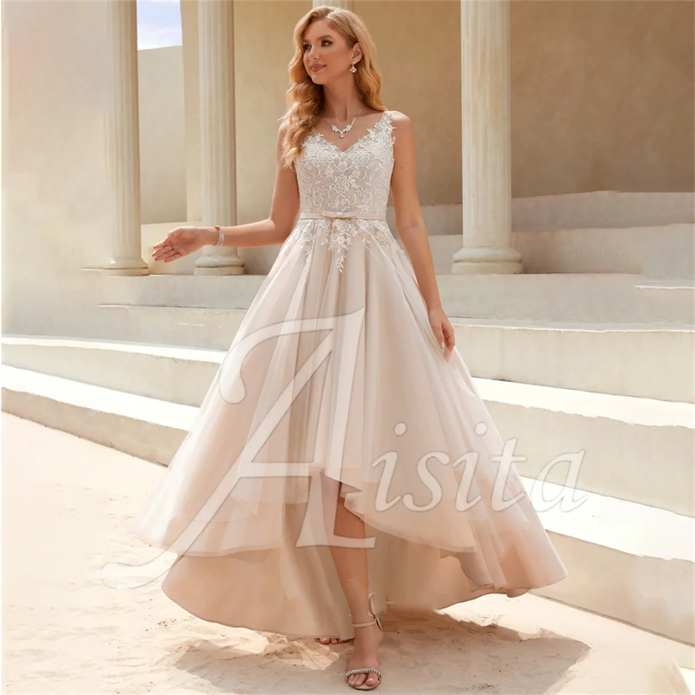 Princess A-line Wedding Dresses V-Neck Asymmetrical Lace Tulle Bride Dresses V Back Wedding Dresses For Woman Dresses Vestidos