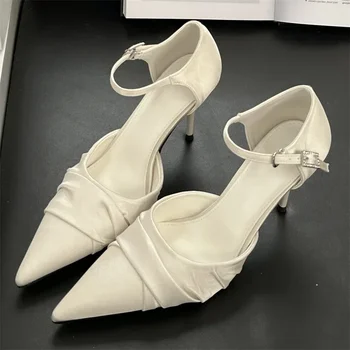 Satin Brand Designer Thin High Heels Women Sexy Party Dress Shoes Pleated Hollow Buckle Elegant Pointed Toe Pumps Sandals Ladies