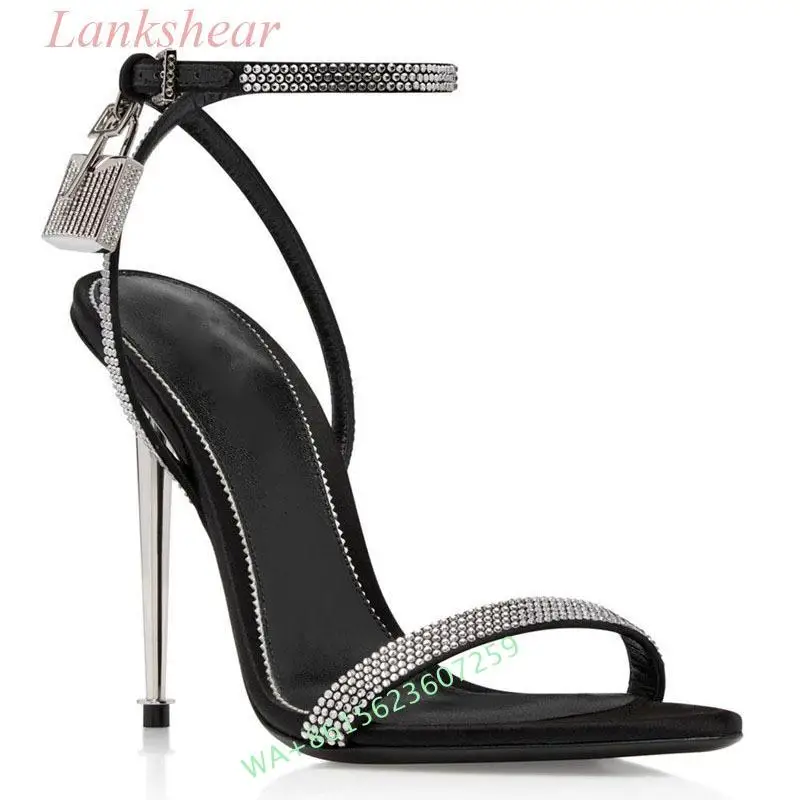 

Rhinestone Sandals Fashion Stiletto Heel Women's Satin Rhinestone Lock Head Padlock Decoration Party High Heeled Sandal 35-43