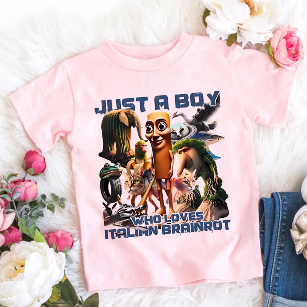 Children's Anime Cartoon Print Italian T-Shirt - Absorbent Casual Round Neck Top