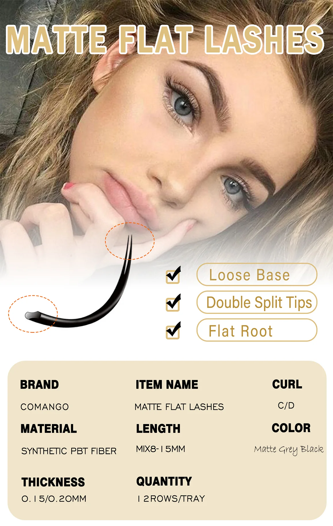 Description Picture 2 of itemMix-8-15mm Matte Grey Black Flat Ellipse Eyelash Extension Lasting Blooming Lashes Split Tips Premium False Mink Classic Lash