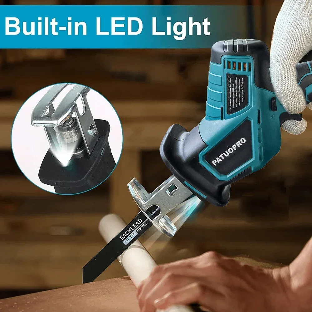 PATUOPRO Brushless Electric Reciprocating Saw Multifunctional Saw Metal Wood PVC Pipe Cutting Power Tool for Makita 18V Battery