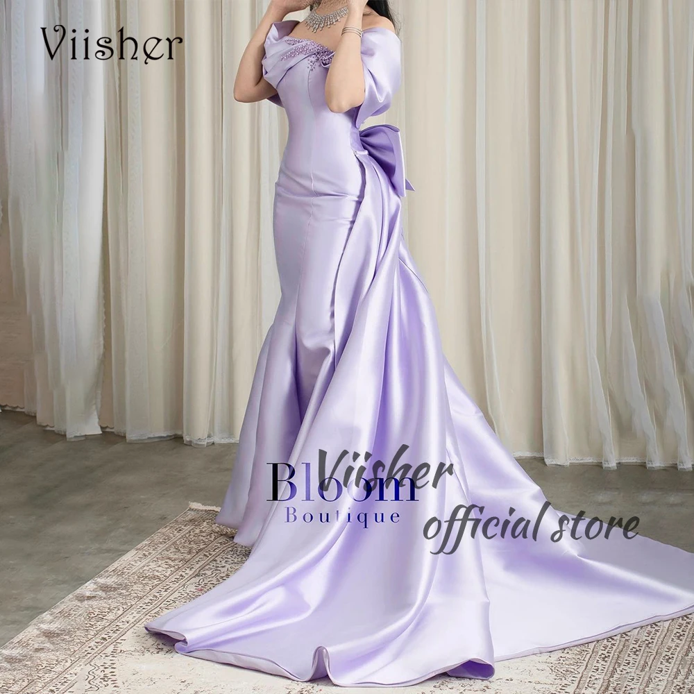 

Lilac Mermaid Evening Dresses Off Shoulder Beaded Satin Prom Dress with Train Long Formal Occasion Gowns 2024