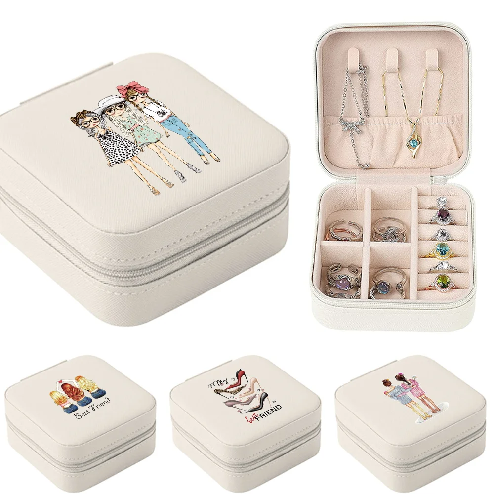 

Travel Jewelry Box Mini Portable PU Leather Earring Ring Necklace Jewellery Storage Friends Print Organizer Packaging Case Gitfs
