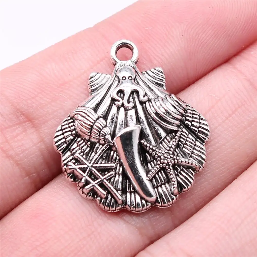 

Wholesale 100pcs/bag 27x24mm Marine Life Starfish Conch Shell Charms Antique Silver Color For DIY Jewelry Making Charms