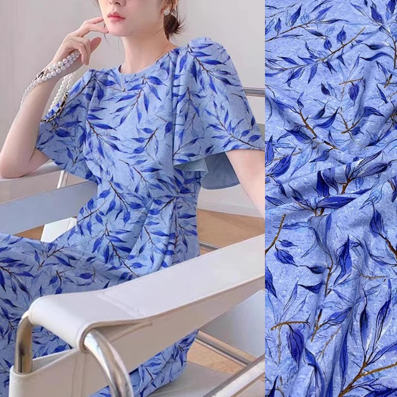 

Blue Leaves Print Pink Silk Fabric for Dresses Clothing,93% Silk & 7% Spandex Silk Crepe de Chine Fabric 140CM Wide18MM D1315