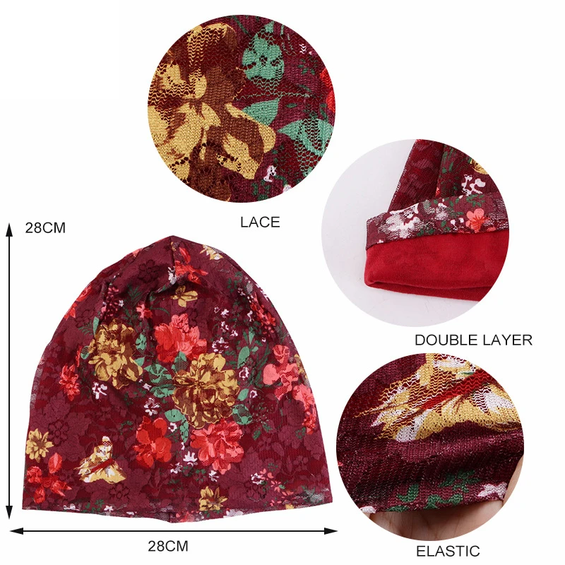 New Women Print Turban Cap Hat Stretch Lace Hijab Scarf Cancer Chemo Beanie Headscarf Hair Loss Head Wrap Slouch Bonnet Headwear 6