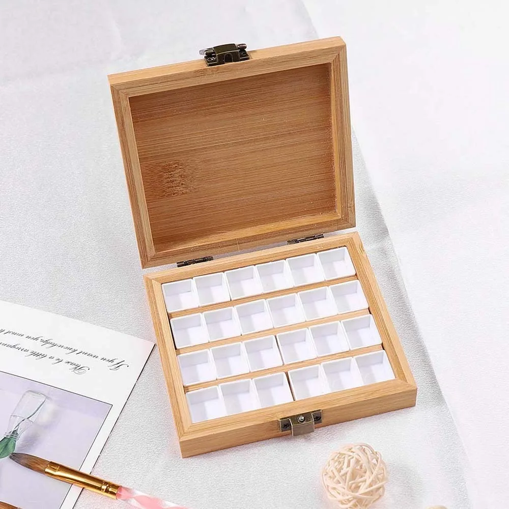 

Watercolor Paint Box 24Grid Empty Box Wooden Nail Glue Portable Palette Cases Solid Pigment Dispenser Mixing Box