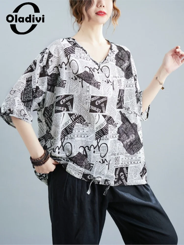 

Блузка Oladivi женская с принтом газет, из хлопка и льна, свободного покроя