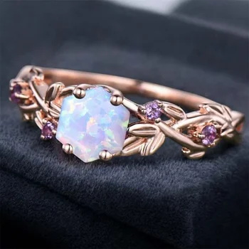 Hexagon Stone White Opal Purple Zircon Rings For Women Vintage Gold Color Engagement Bands Wedding Jewelry Bridal Versatile Gift