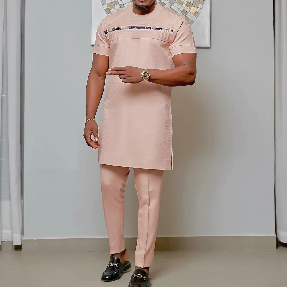 Summer New African Men's Short Sleeve Suit Solid Color Stitching Shirt and Casual Pants 2 Piece Set Party Marriage Men's Set
