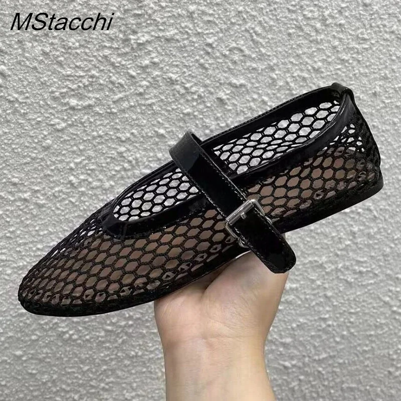 Mesh Women Ballet Falts Shoes Summer Luxury Sandals Ladies Rome Leisure Round Toe Buckle Strap Women Pumps Loafers Shoes 2024