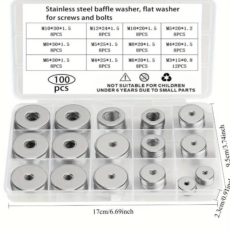 Stainless Steel Fender Washers Flat Washers for Screws and Bolts 100pcs Metal Kit 12 Sizes M3-M12 Assorted