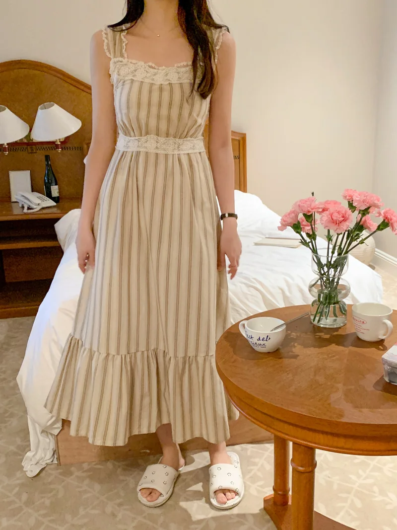 Lace Crochet Summer Nightgown Women Strapless Slash Neck Long Night Dress High Waist Elegant Backless Striped Sleepwear Cotton