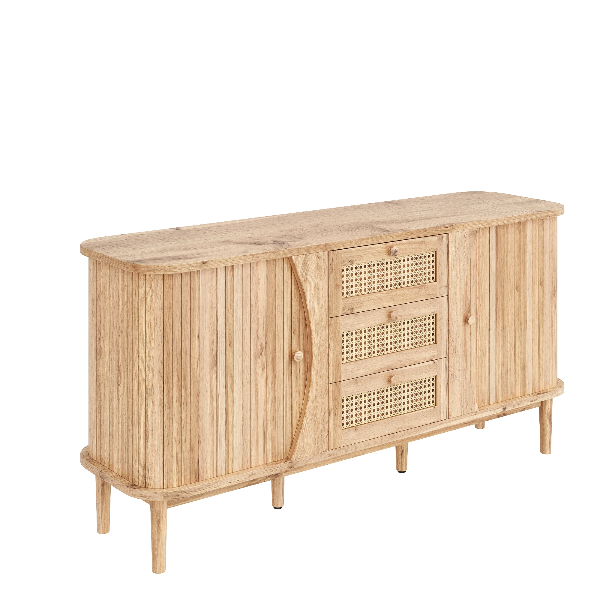 PINGGO Rattan-Kommode mit Schiebetüren, verstellbaren Einsätzen und abgerundeter Platte, Sideboard zur Aufbewahrung im Schlafzimmer – Detail 10