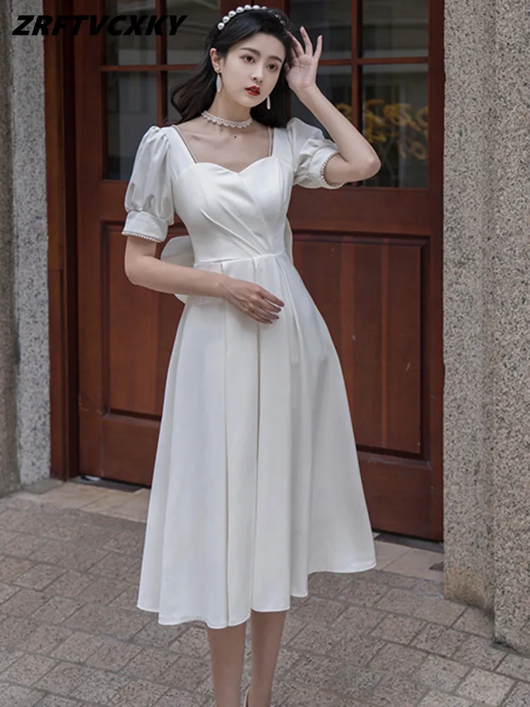 

ZRFTVCXKY Ladies Elegant Square Neck Dresses Summer Fashion Beaded Women's Designer Sweet Big Bow A-Line Holidays Party Dress
