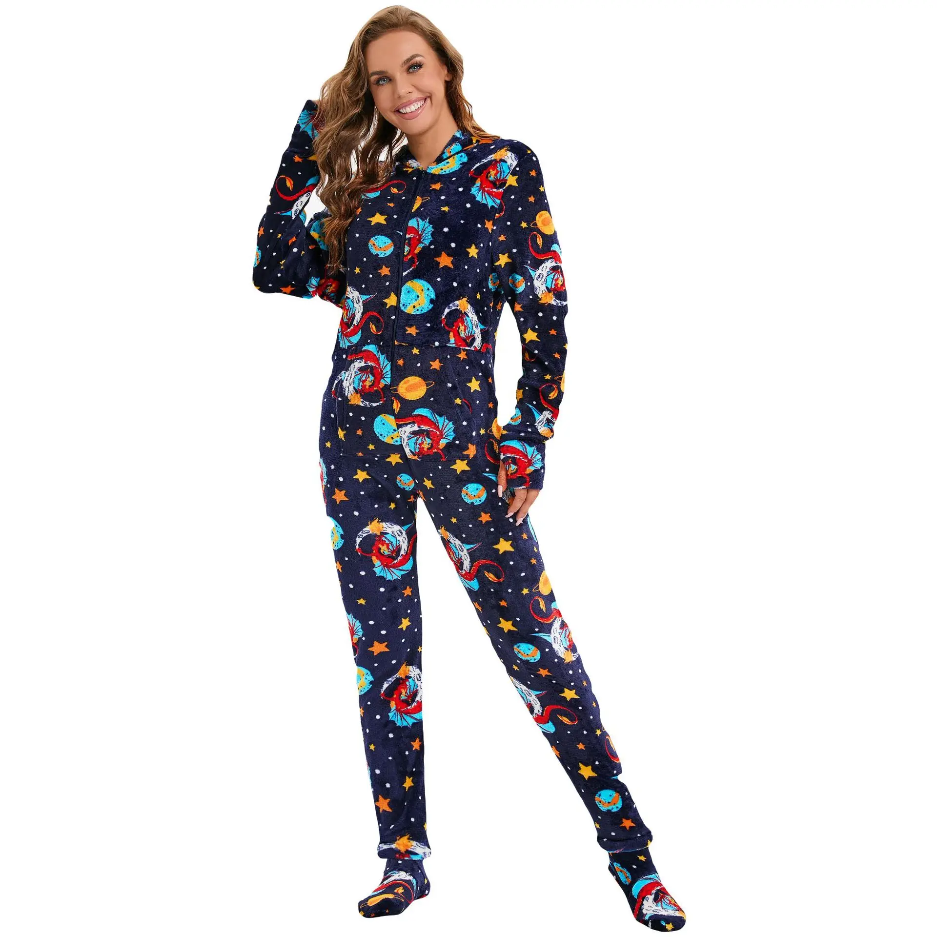 Warm Flannel Hooded Onesies Kigurumi Women's Space Print Pajamas Adults Winter Sleepwear Anime Costumes Jumpsuit