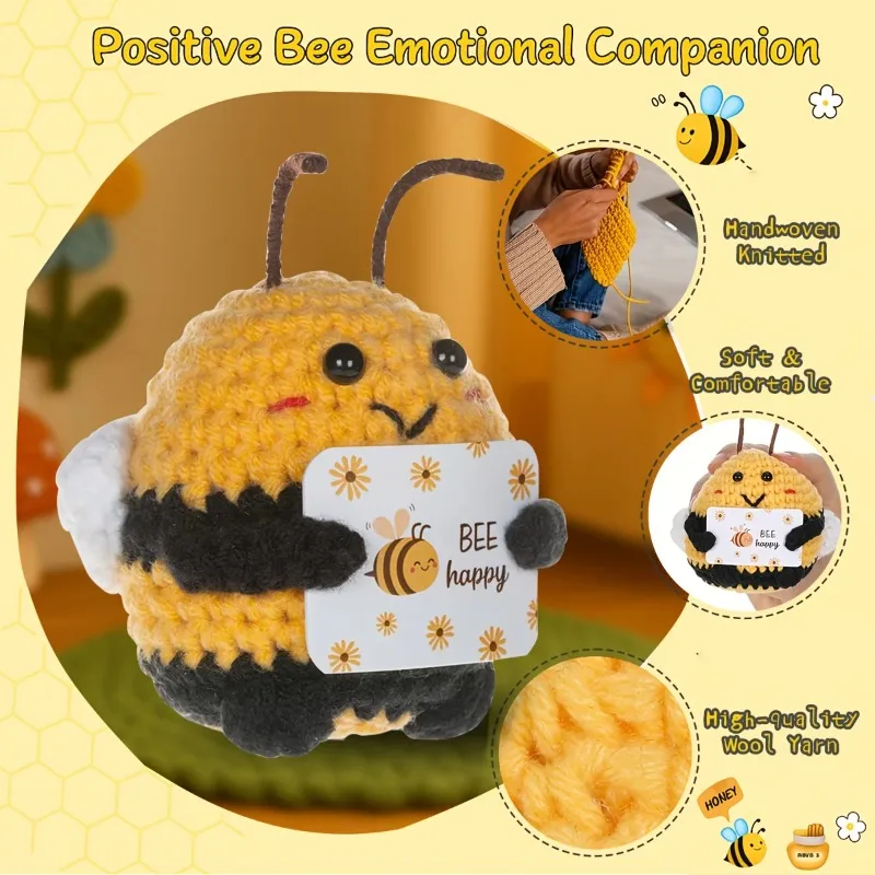 귀여운 꿀벌 뜨개질 인형 BEE Happy 카드 포함 수제 니트 봉제인형 친구와 가족을 위한 선물