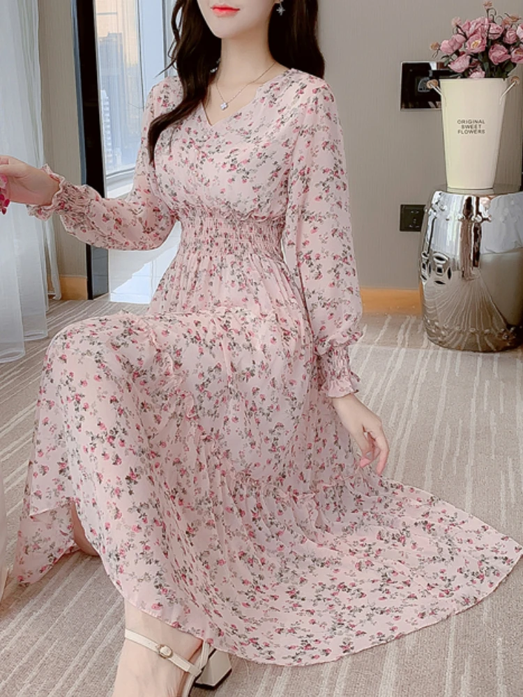 Spring Summer Mujer Fashion Female Vintage Printed Long Sleeve Loose  Chiffon Dress Women Casual A-line Long Dresses Vestidos