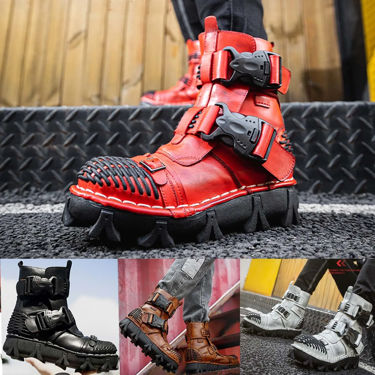 Men's Genuine Leather Motorcycle Boots Skull Gothic Punk Western Cowboy Boots Combat Mid-calf Safety Work Shoes Winter mens leather boots,motorcycle leather boots