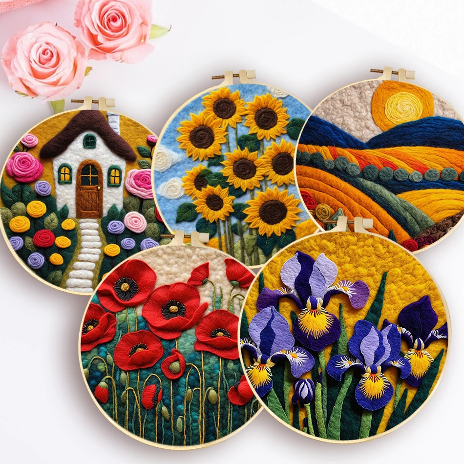 DIY Wool Felting Painting Embroidery Frame Flower Landscape Picture Needle Felting Kit Diy Creative Making Wool Felt Kit wool felting kit needle felt kit needle felting wool wool felting needles needle felting mat
