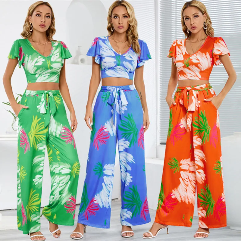 

Женский костюм-двойка с принтом, повседневный костюм из двух предметов, футболка с коротким рукавом и широкие брюки с поясом, лето 2023