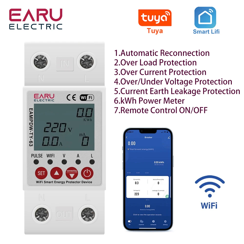 2P 63A TUYA APP WiFi Smart Circuit Earth Leakage Over Under Voltage Protector Relay Device Switch Breaker Energy Power kWh Meter