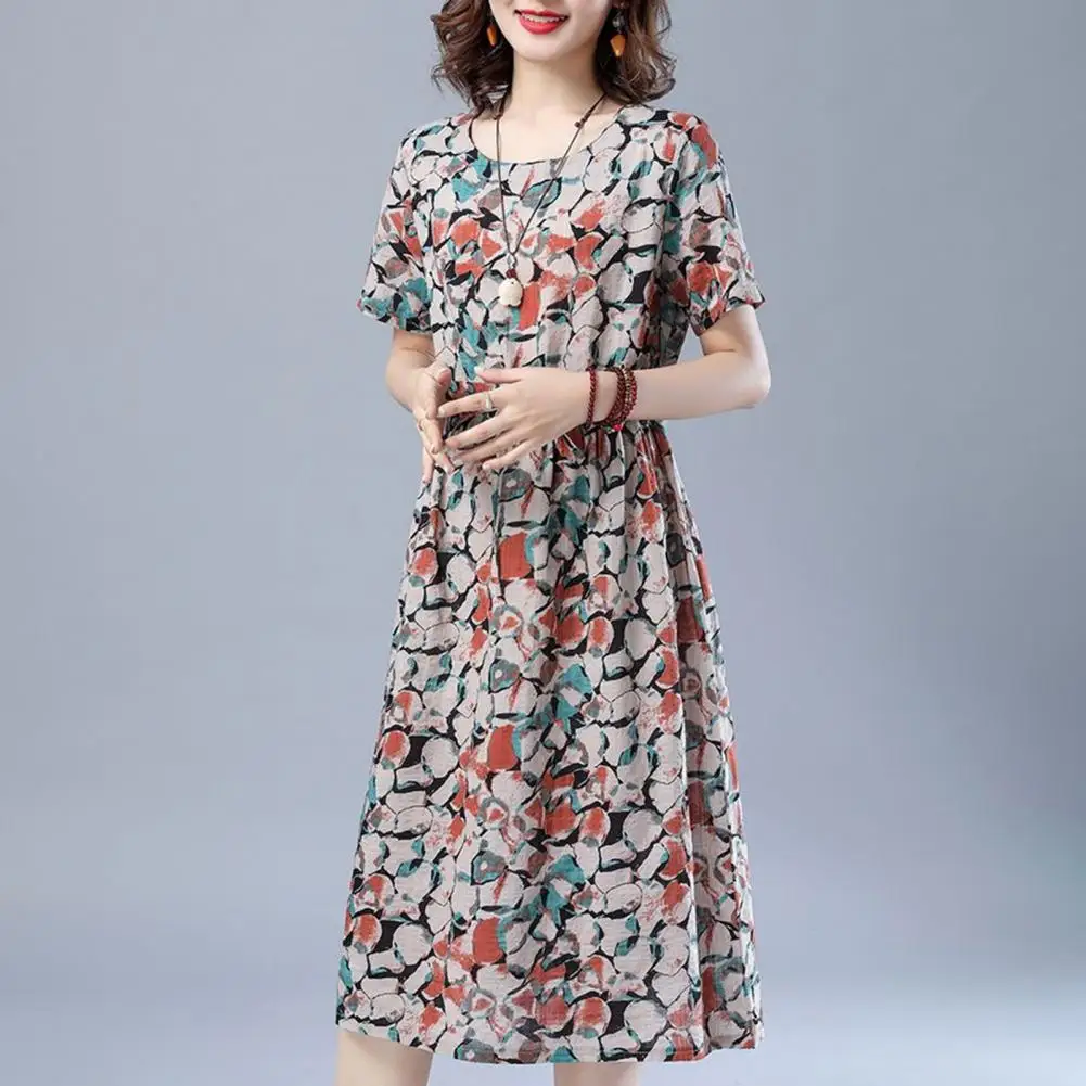 

Attractive Women Dress Round Neck Non-Fading Lady Dress Summer Women Print Long Dress