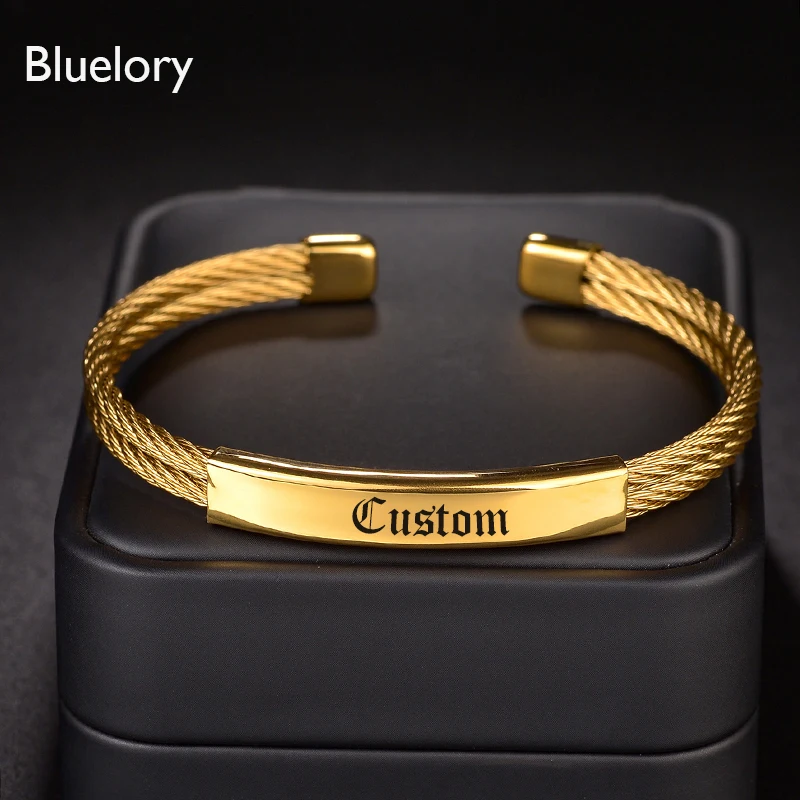 

Bluelory Custom 8mm Stainless Steel Women Men Bangles Punk Twist Engrave Name Date Initials ID Bar Bangles For Lovers Couple