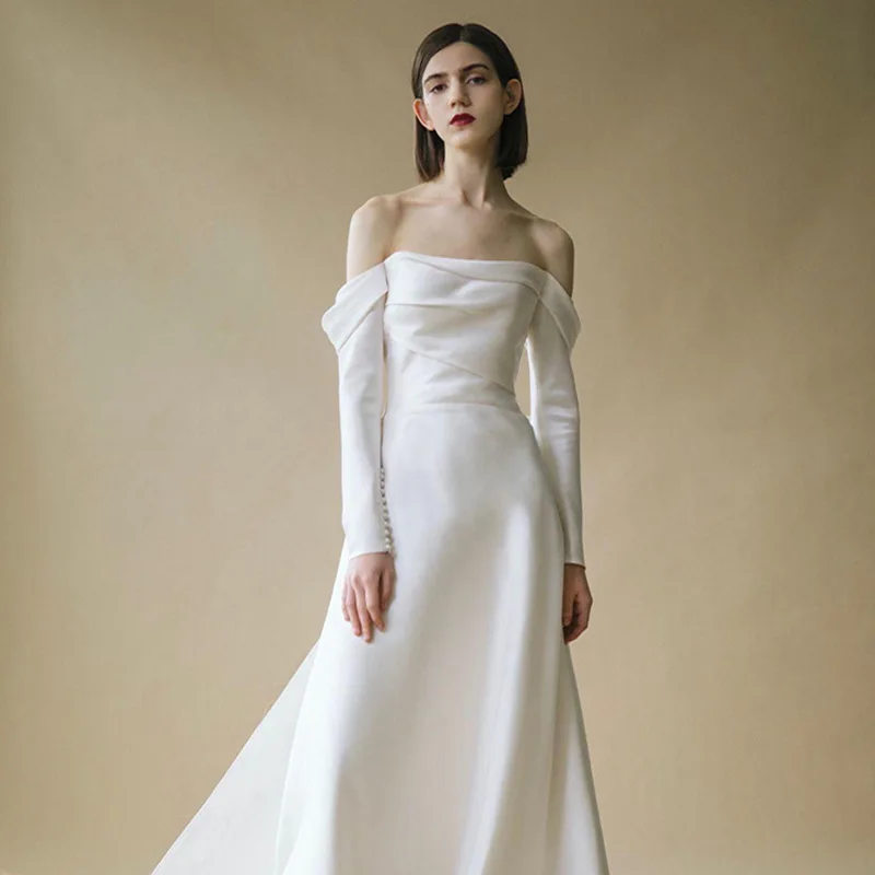 

Women White Bow Wedding Dress Backless Pearl Sexy Off Shoulder Floor-length Ball Gown Body-Con Temperament Style Chiffon Dresses