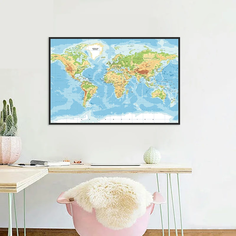 

70*50cm Topography Map of The World Vinyl Canvas Painting Wall Art Poster Children School Supplies Living Room Home Decoration