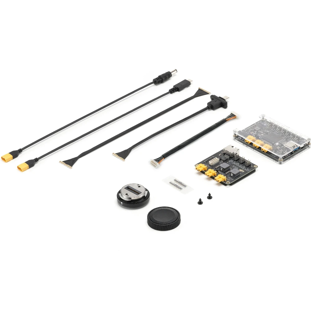 Kit de développement E-Port V2 pour DJI Matrice 400 M400 installé sous un drone, prêt à être utilisé.