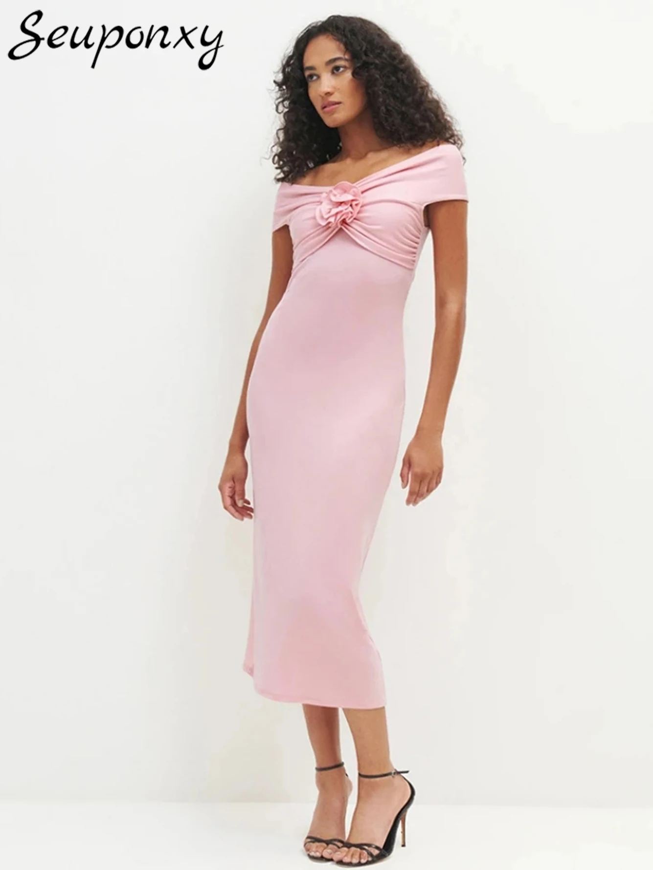 

Женское длинное платье с открытыми плечами, Длинное Элегантное вечернее платье с короткими рукавами и 3D цветами для вечеринки, дня рождения