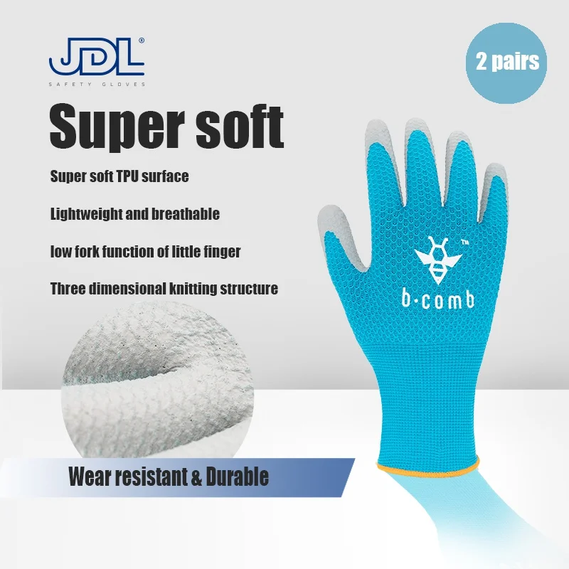 JDL 2 Pairs Anti-Slip Water Resistant Work Gloves Grey Nylon Shell TPU Coated CE Certificated Work Safety Protective Glove