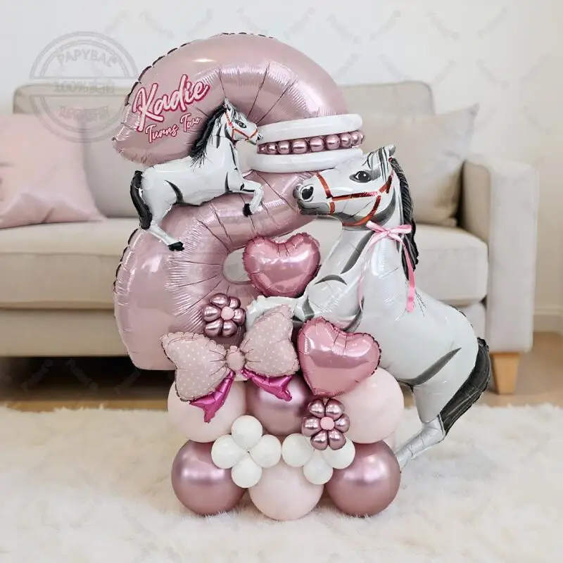 34-teiliges großes Ballonset mit Rennpferd-Motiv und 32-Zoll-Zahlenballons 1-9 in Pink für Geburtstagsfeiern im Western-Cowboy-Stil – Detail 4