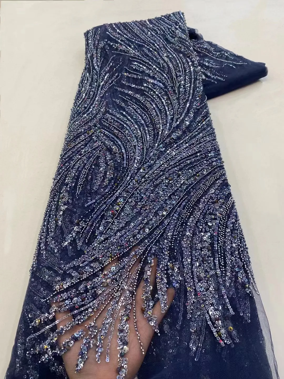 

Luxury African Heavy Beaded Lace Fabric 2023 High Quality 5 Yards Nigerian Sequins Tulle 3D Fabric Material For Wedding