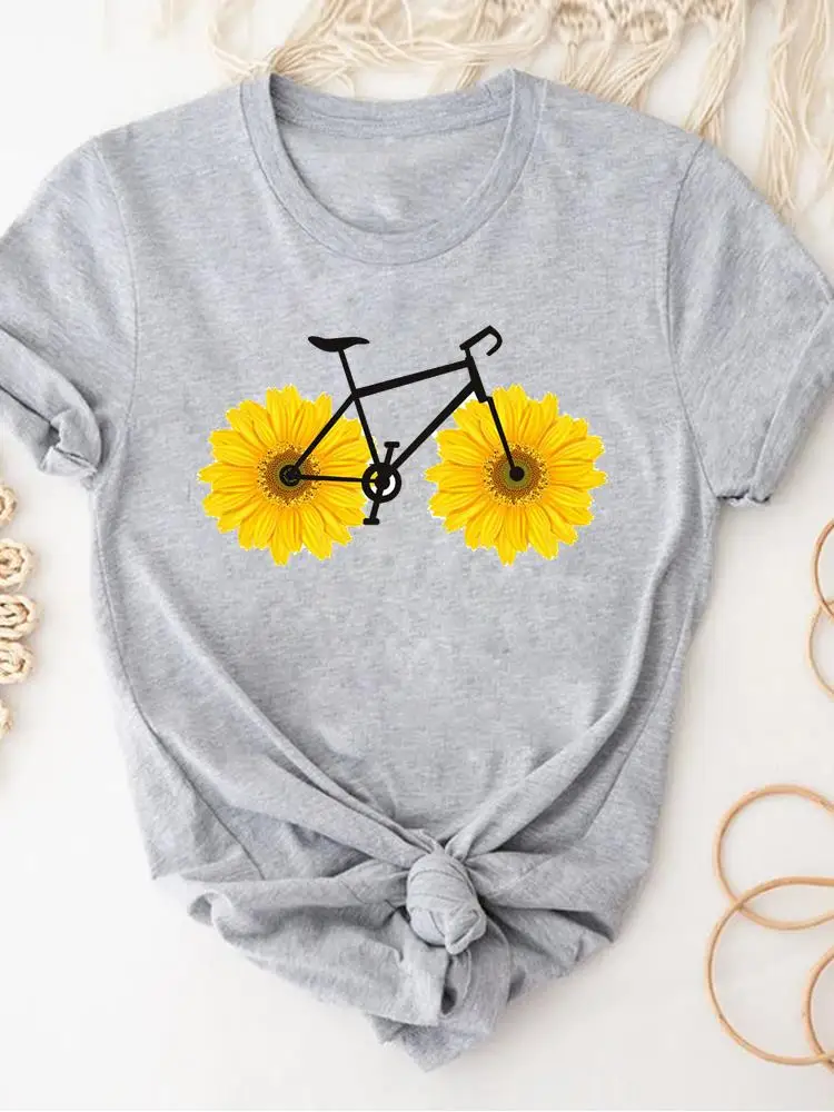 Women Clothing Print Gray T Shirt Short Sleeve Summer Top Plant Flower Trend Fashion Clothes Basic Tee Graphic T-shirt