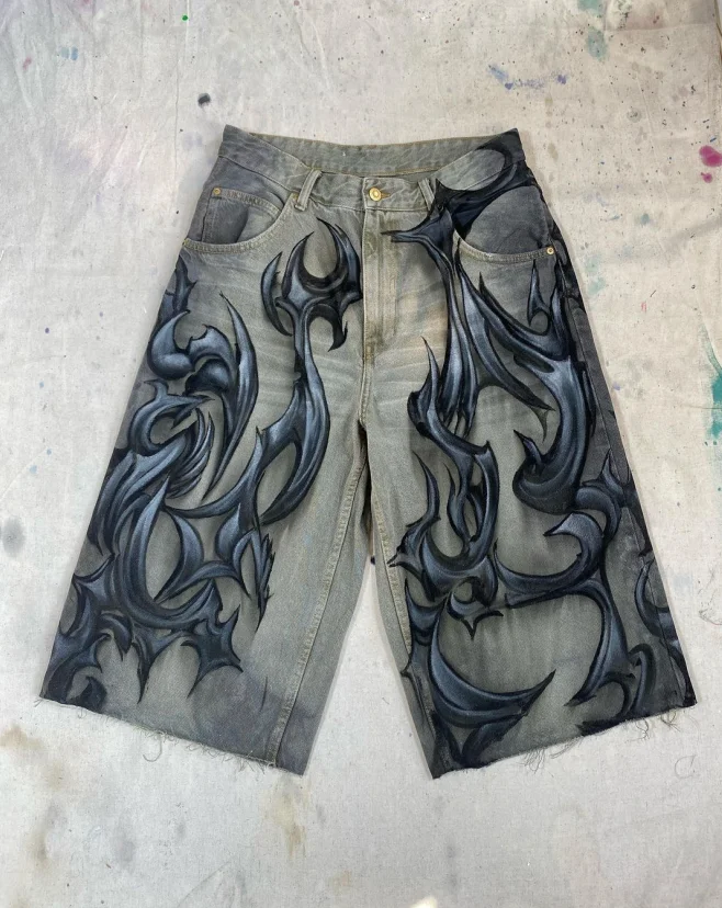 Denim Shorts Sfumato dark pattern loose washed old blue hip hop street men's zipper straight wide leg niche casual printed denim cut shorts denim shorts summer jeans shorts