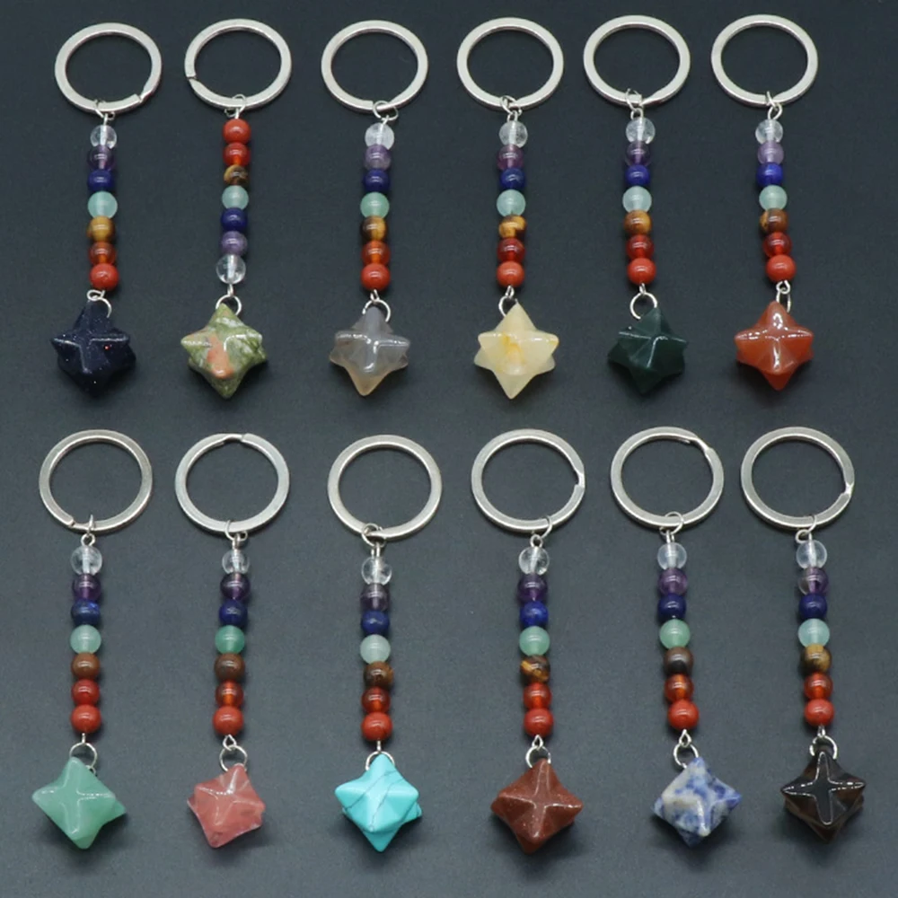 

7 Chakra Natural Crystal Agate Round Beads Merkaba Star Keyring Energy Gemstone 3D Stereo Hexagram Keychain Pendant
