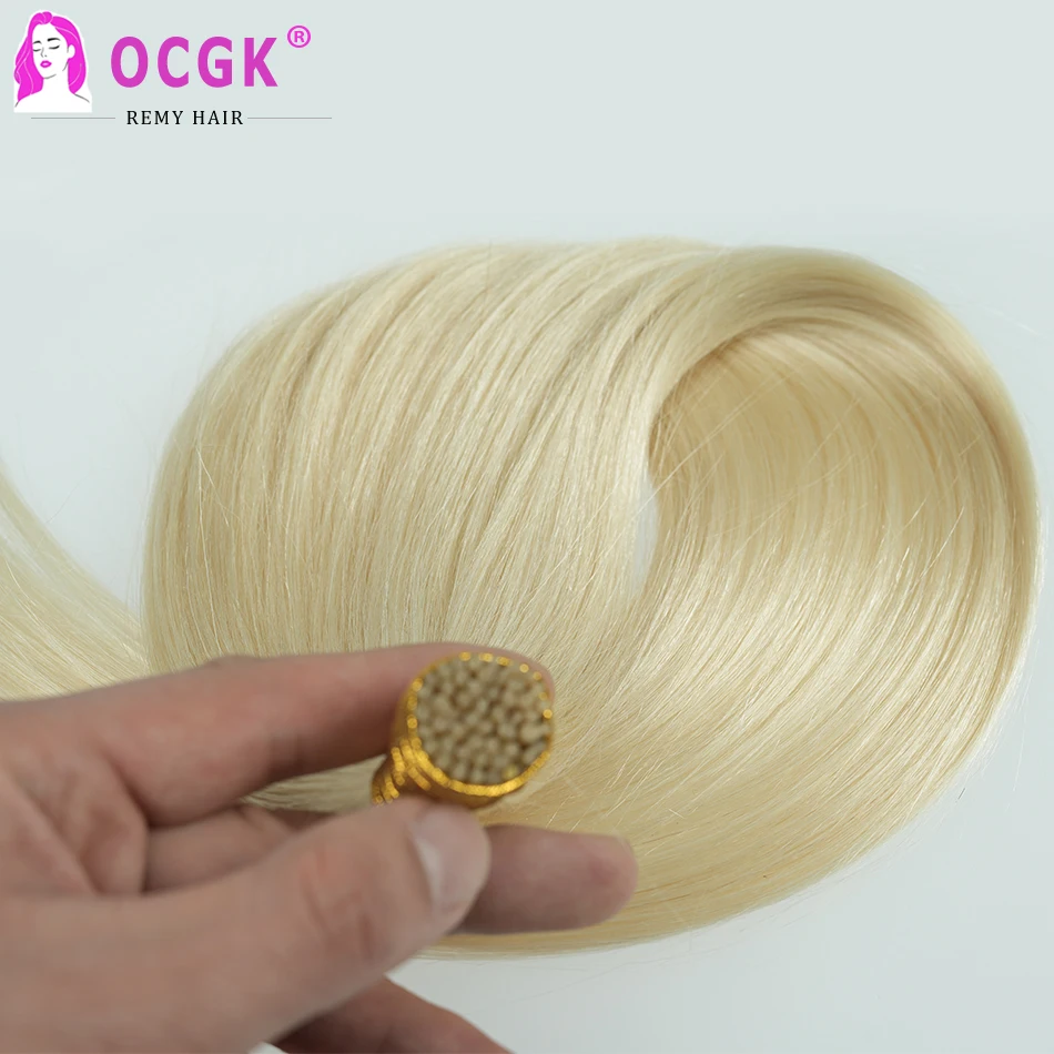 60# Straight I Tip Hair Extensions Human Hair Platinum Blonde Pre Bonded Remy Human Fusion Extensions For Women 12-26Inch