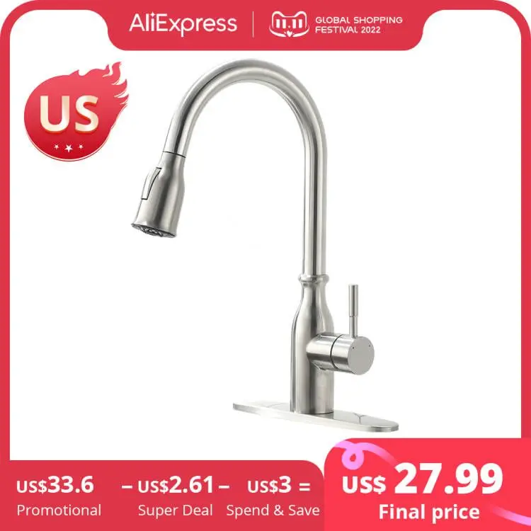 Kitchen Faucets Brush Brass Faucets For Kitchen Sink Single Lever Pull Out Spring Spout Mixers Tap Hot Cold Water Crane 9009 - Kitchen Faucets - AliExpress