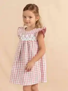 Summer Kids girls Fresh sweet pink plaid embroidered flowers play with flying sleeves simple breathable comfortable dress 1