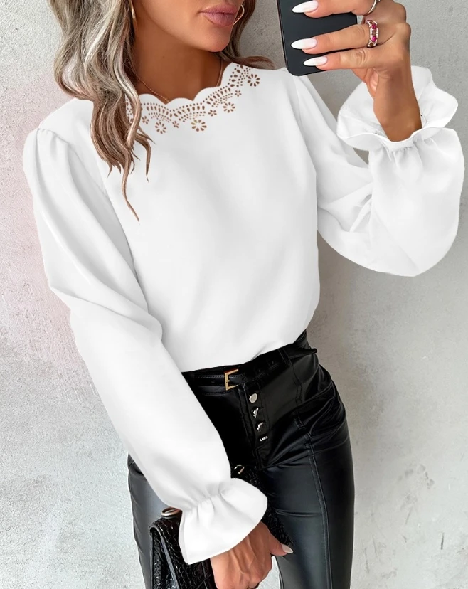 

Women's Blouses Scallop Trim Neck Hollow Out Top Asymmetrical Neck Design Temperament Commuting Fashion Casual Bell Sleeve Tee