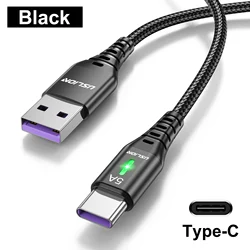USLION 5A USB Type C Fast Charging Cable - Mobile Phone Data Cord - 2m (Black)