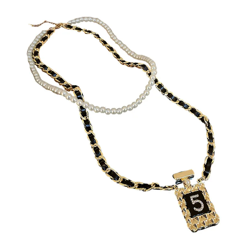 

Brand Design Double-layer Leather Pearl Pendant Number 5 Necklace Women Party Jewelry