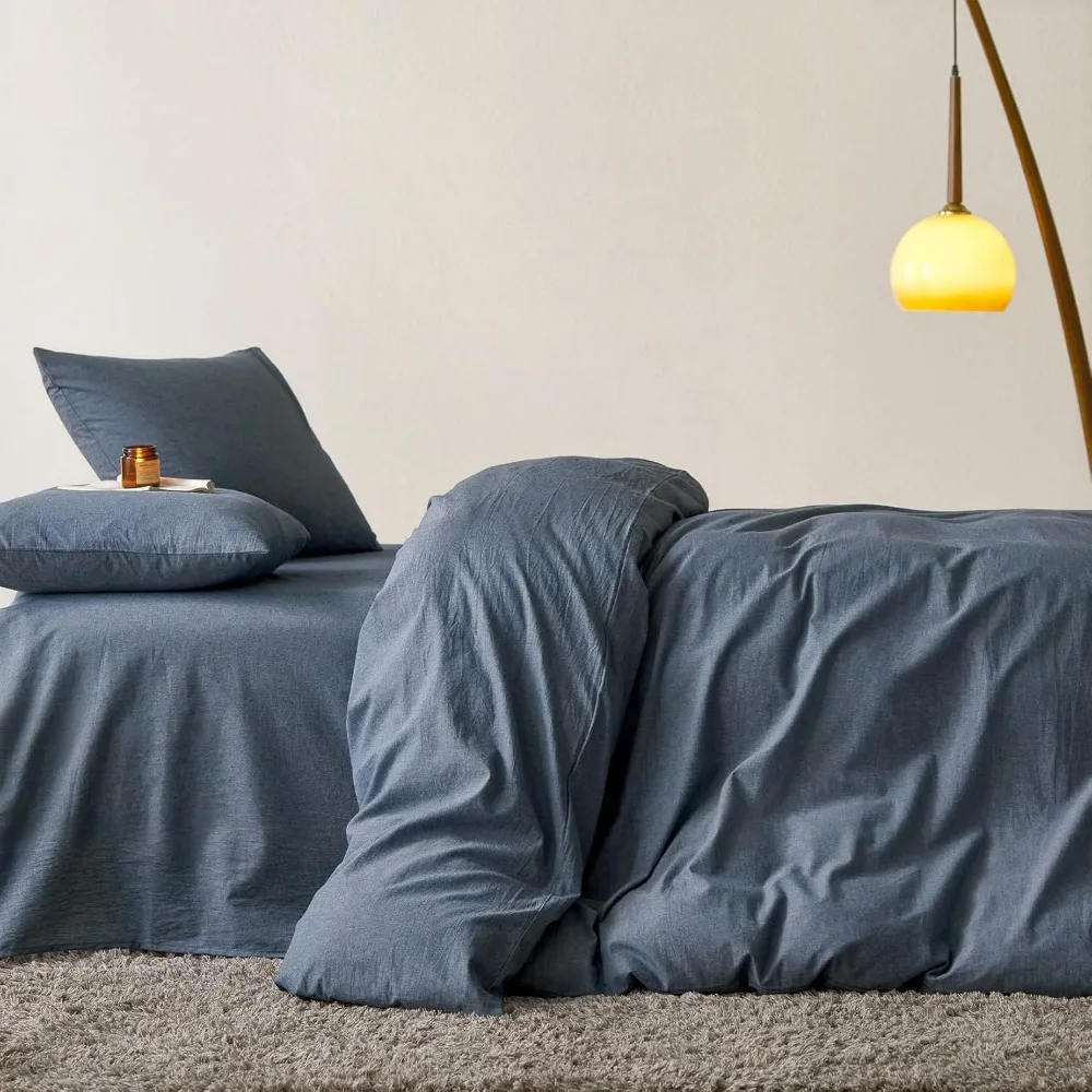 Queen Size Chambray Denim Blue Cotton Duvet Cover Set - 4