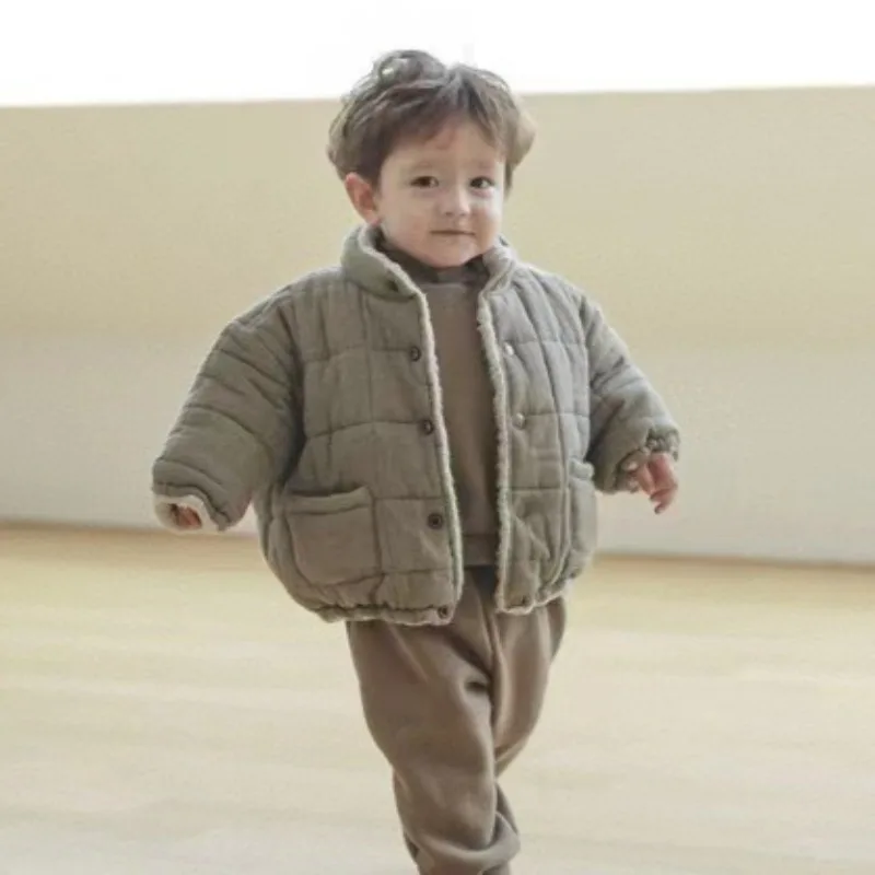 Korean Version Baby Boys Girls New Winter Solid Coat Cashmere Padded Thicken Warm Coat Kid Simple High Collar Cotton Padded Suit