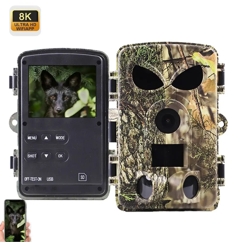 8K PR8000 와이파이 카메라 IP65 방수 120 ° 광각 120 ° 모션 야생동물 사진 위장 카메라 0.2초 트리거 속도