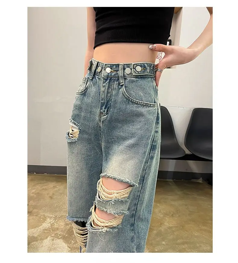 2024 Spring/Summer Vintage Distressed Jeans with Adjustable Oversized High Waisted Slimming Straight Leg Wide Leg Pants