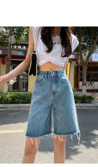 Dfrcaeg 2022 Summer Jean Shorts Women Street Wear High Waist Burrs